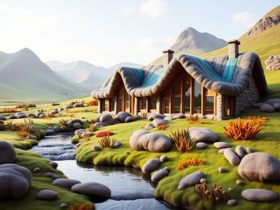 Scenic mountain cottages beside a flowing stream