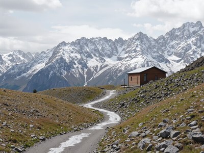 Scenic mountain path leading to a cozy cabin retreat