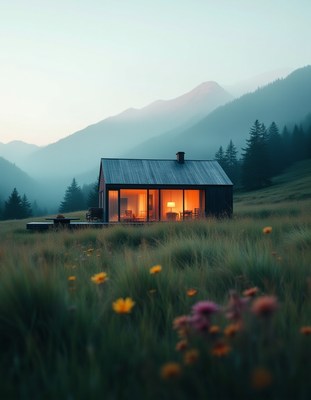 Cozy cabin glowing in the serene mountain landscape