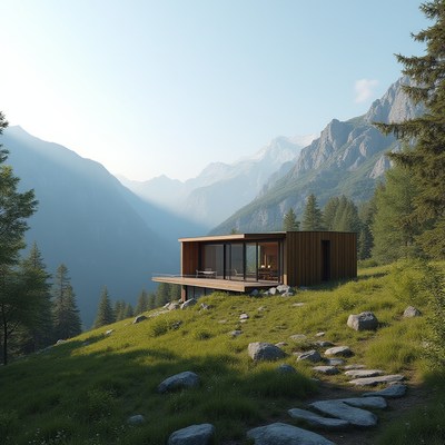 Modern cabin nestled in the mountains during daylight