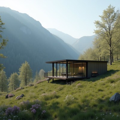 Modern cabin nestled in tranquil mountain landscape