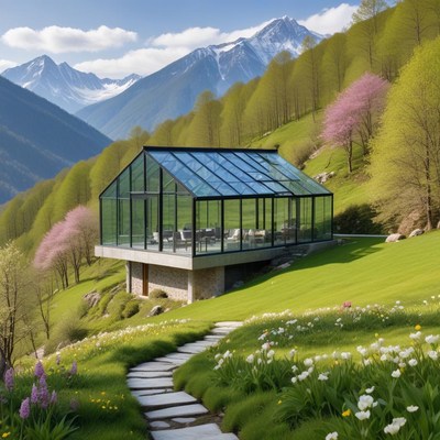 Glass greenhouse in a serene mountainous landscape