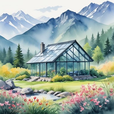 Greenhouse surrounded by mountains and flowers in nature