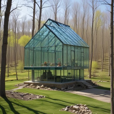 Modern glass greenhouse in a serene forest setting
