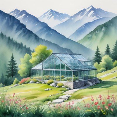 Mountain greenhouse surrounded by lush greenery and peaks