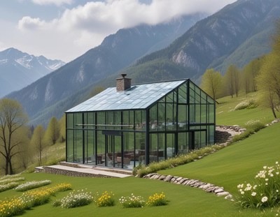 Modern glass greenhouse in a mountain setting