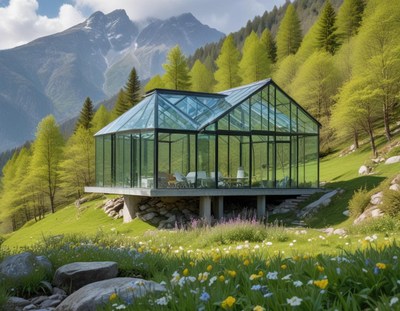 Modern greenhouse nestled in lush mountain landscape