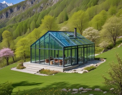 Modern greenhouse amidst lush greenery in daylight