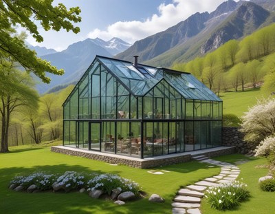 Modern greenhouse nestled in lush mountain landscape