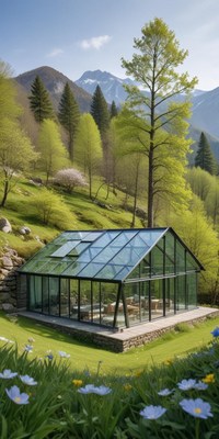 Greenhouse nestled in a mountain valley during springtime