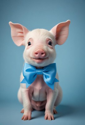 Happy piglet wearing a blue bow tie on blue background