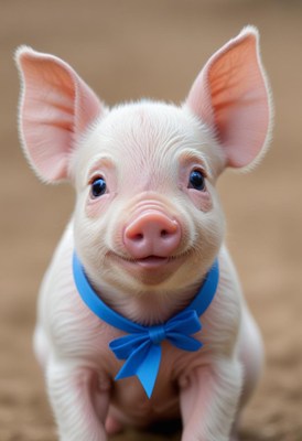 Happy piglet wearing a blue bowtie in a farm setting
