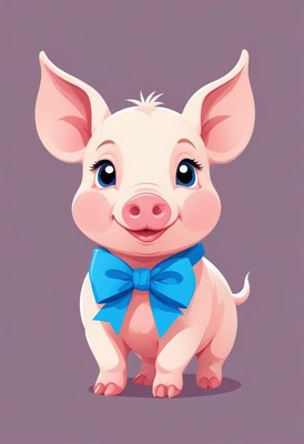 Cute cartoon piglet with a blue bow standing happily