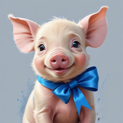 Happy piglet with blue bow poses for viewers