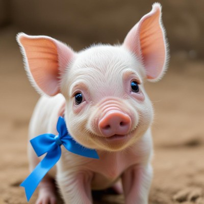 Happy piglet with a blue bow in a cozy setting
