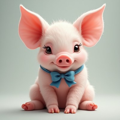 Cute piglet with bow sitting on a light background