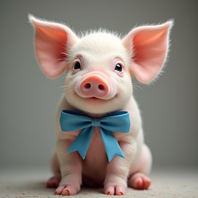 Cute piglet wearing a blue bow sitting on a light background