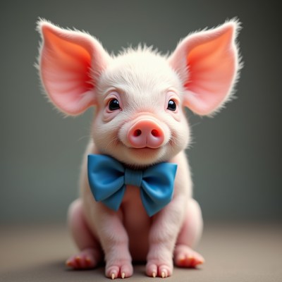 Cute piglet wearing blue bowtie sits and smiles