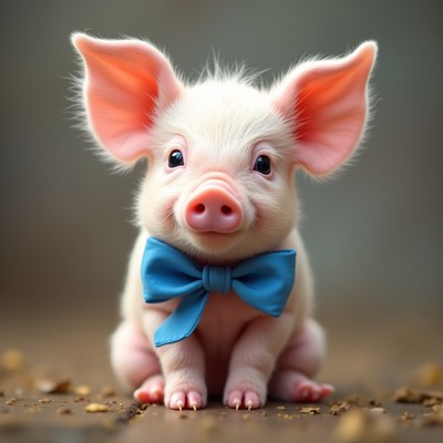 Cute piglet wearing a blue bow tie sits happily indoors