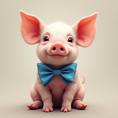 Cute piglet dressed in a blue bow tie sitting happily