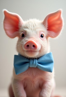 Cute piglet with blue bow tie in playful setting