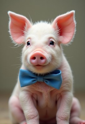 Cute piglet wearing a blue bow tie at a cozy setting