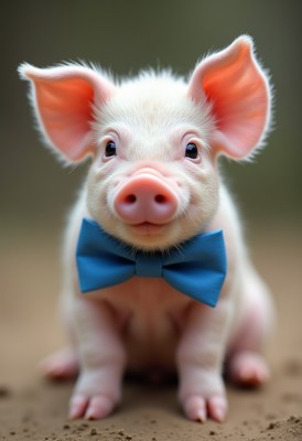 Piglet wears blue bow tie with a charming expression