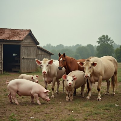 Farm animals gathered near a rustic barn at dusk