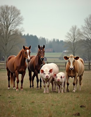 Horses and pigs gathered in a rural field on a cloudy day