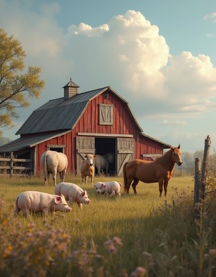 Farm animals near a red barn in a sunny meadow