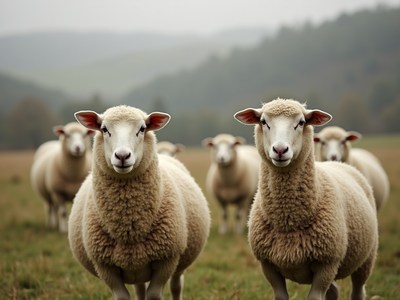 Sheep grazing in a green field on an overcast day