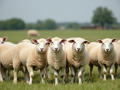 Flock of sheep grazing on a sunny day in the countryside