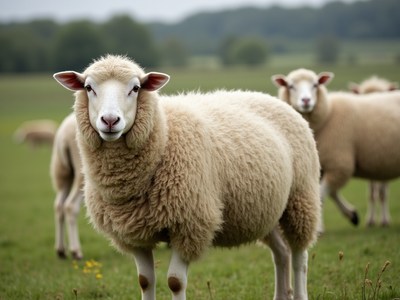 Fluffy sheep in a lush green field during cloudy weather