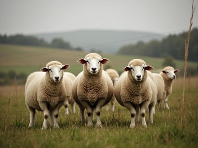 Flock of sheep grazing on a green pasture in autumn