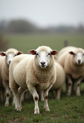 Sheep in a green field on a cloudy day