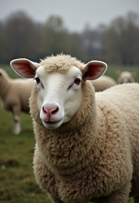 Sheep grazing in a lush field during overcast weather