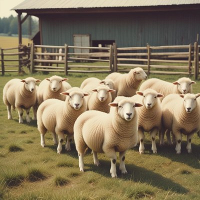 Sheep gathered near a barn in a rural field