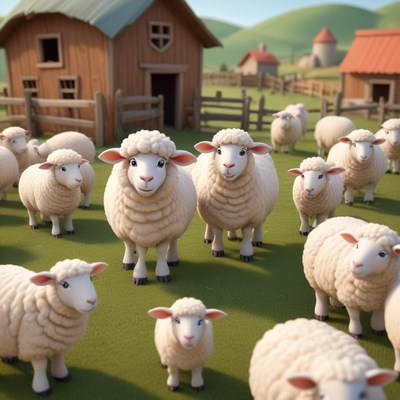 Cute sheep gather near a rustic barn in a green pasture