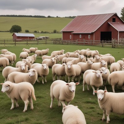 Flock of sheep grazing near a red barn in a pasture