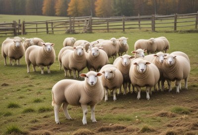 Herd of sheep grazing peacefully in a sunny field