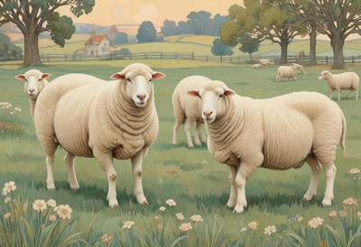 Sheep grazing in a peaceful rural landscape during sunset