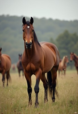 Horses grazing peacefully in a lush green field