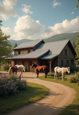Beautiful horses near a rustic country house