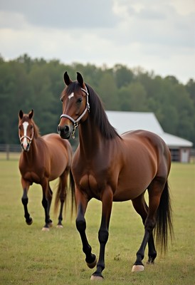 Horses walking in a green pasture near a barn