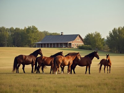 Horses grazing peacefully near a rustic barn