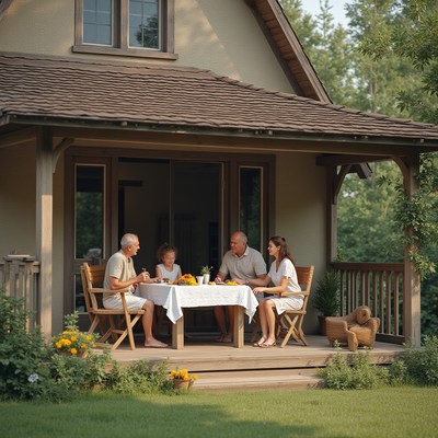 Family enjoying a meal on a cozy porch in summer