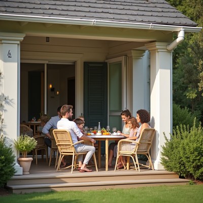 Family gathering at a cozy outdoor table in the afternoon