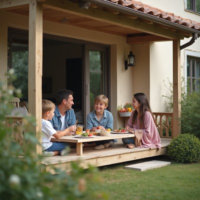 Family enjoys outdoor meal on a sunny afternoon