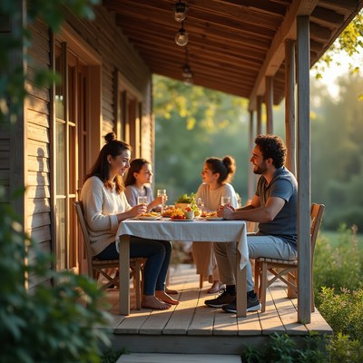 Gathering around a table for dinner at sunset