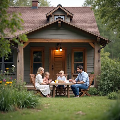 Family gathering enjoying drinks outside a cozy home